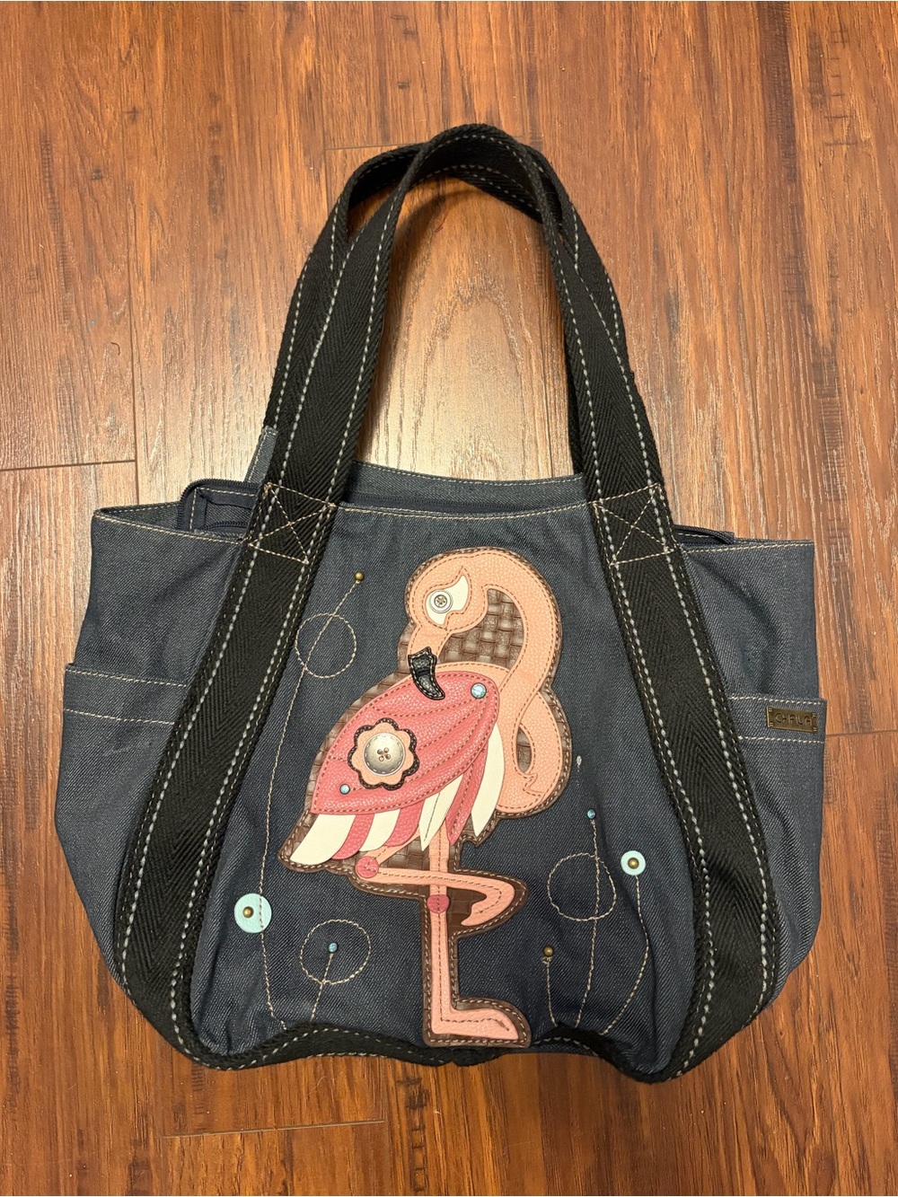 Chala Extra Large Blue Denim Tote Flamingo Buttons Rhinestones